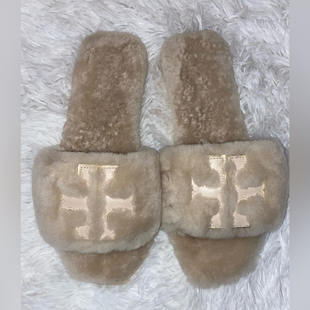 Tory Burch Double T Genuine Shearling Sport Slide Sandal